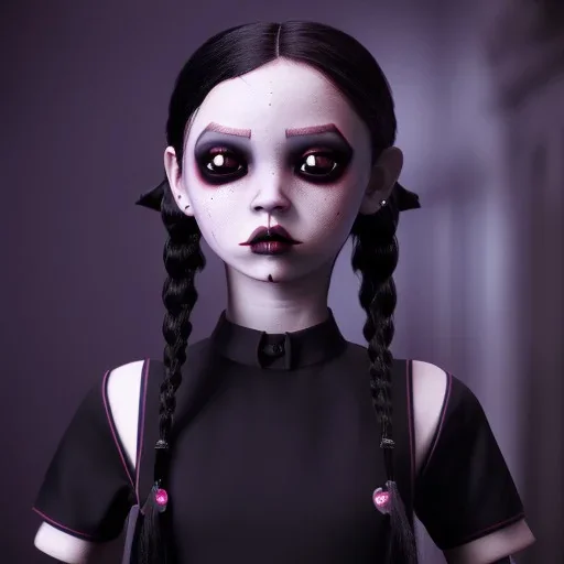 Jenna ortega with wednesday addams black dress,soft goth libstick, wednesday addams make up, dramatic lighting, highly detailed, volumetric lighting, unreal engine, 8k