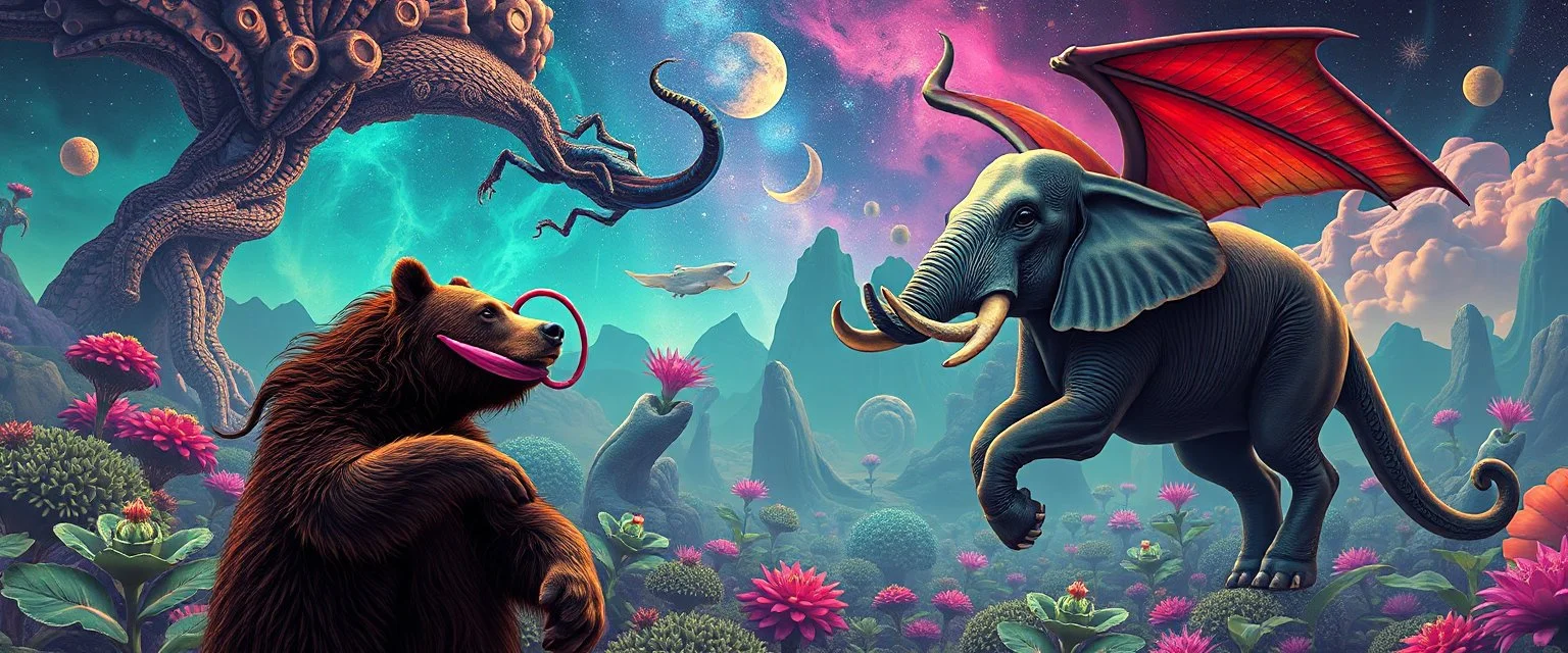 promenade portrait of a bear ant eater squid elephant horse dragon floating in 4 dimensions, goa trance movie poster, stylized art, weird endless plants