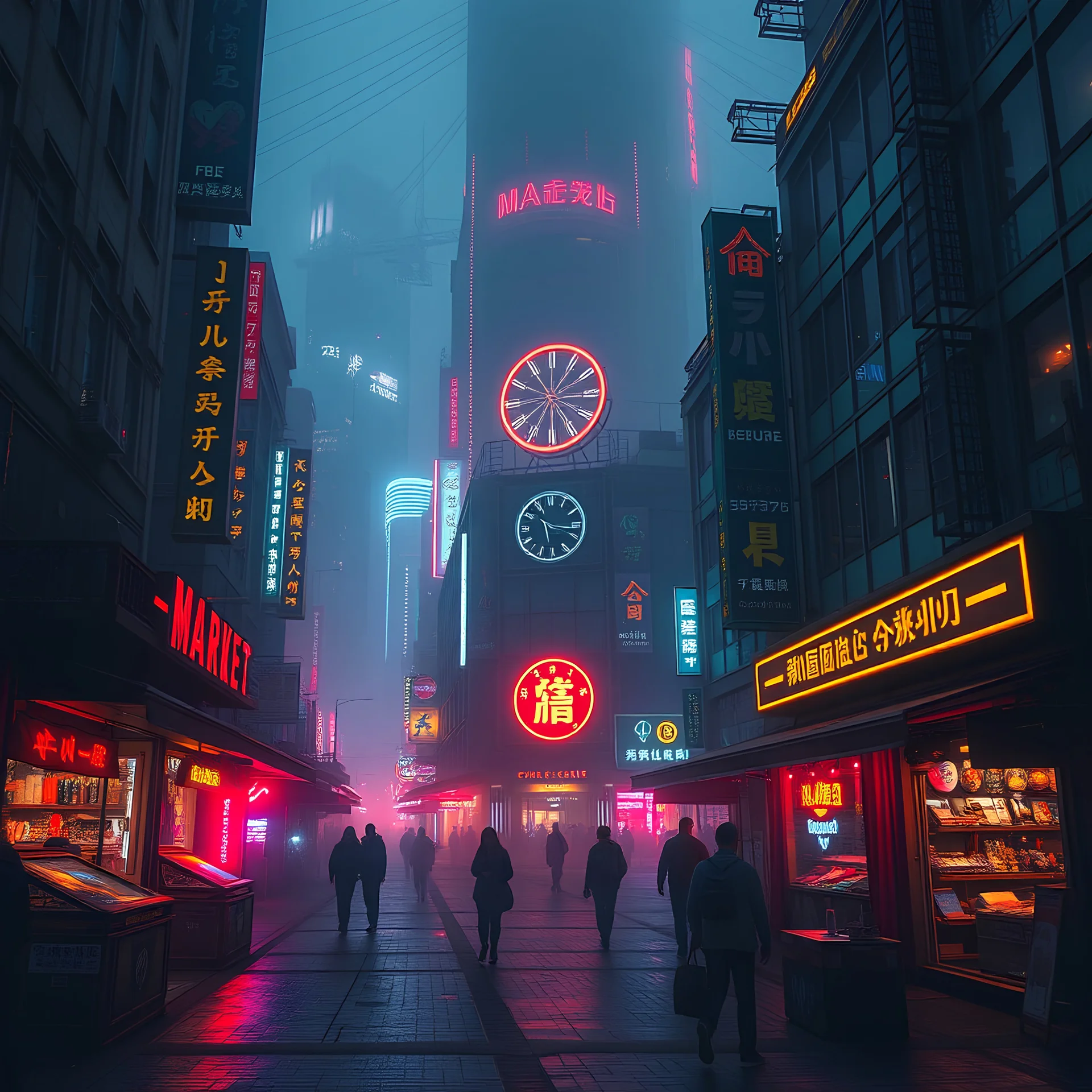 a dark market square, cyberpunk style