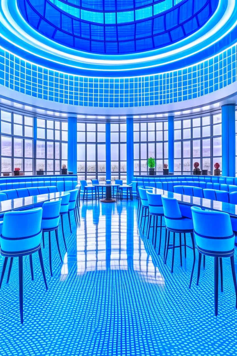 A restaurant with the outer shape of the walls in blue and a white floor and it contains one table in the middle of the restaurant in the form of a bar and the shape of the walls is oval containing 30 chairs and the walls are made of glass