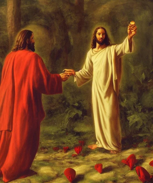 Painting of Jesus Christ offering amanita muscaria to demon