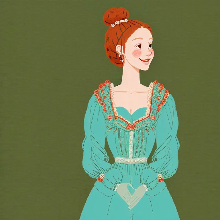 a young noble woman, red hair bun, smiling, joyful, happy to see us, wearing a turquoise embroidered gown with perls, renaissance era, in a ballroom, highly detailed, illustration, character art
