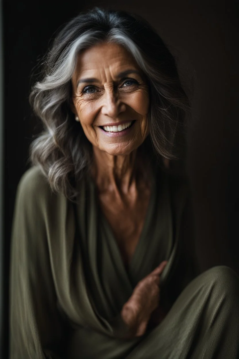 Portrait of a 60 year old Olive skinned woman, dark hair with hints of grey, happy expression