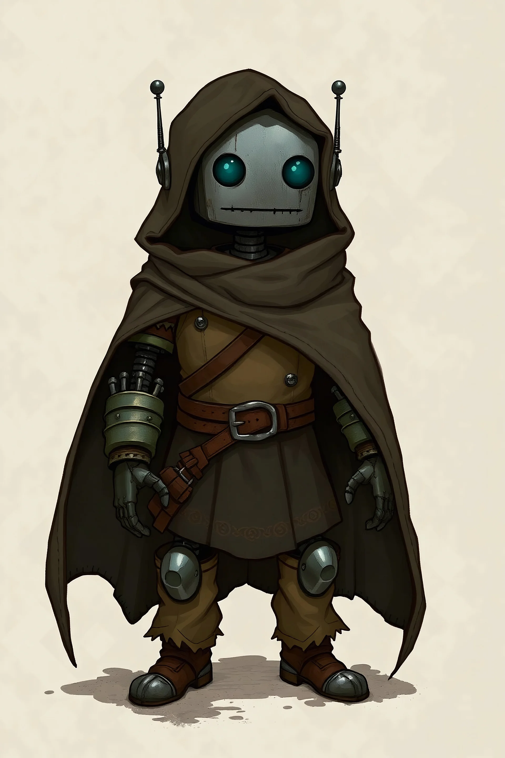 small wiry robot from a dnd style fantasy realm. His robotic metal face looks friendly. He is wearing simple medieval clothes and a dark cloak. dnd style illustration