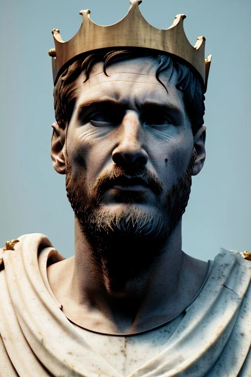 Ultra Realistic image, Roman sculpture, white marble material, Lionel Messi, gold crown of natural thorns, god crown, Renaissance style, sun rays background, waist up portrait, epic, celestial, cinematic lighting, God lights, 4k resolution, smooth details, soft lighting, unreal engine 5, art station, substance 3d.