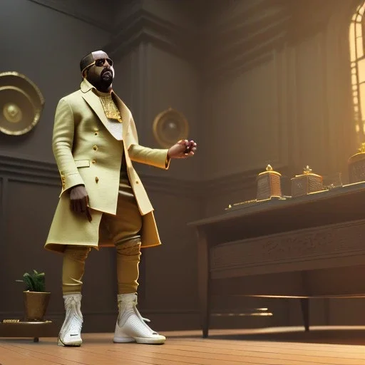 Full body, 3d render, Kanye west, 1800's men style, 1800's hair style, 1800's men clothes style, hyper realistic, octane render, unreal engine 5, 8k, palace background, uhd