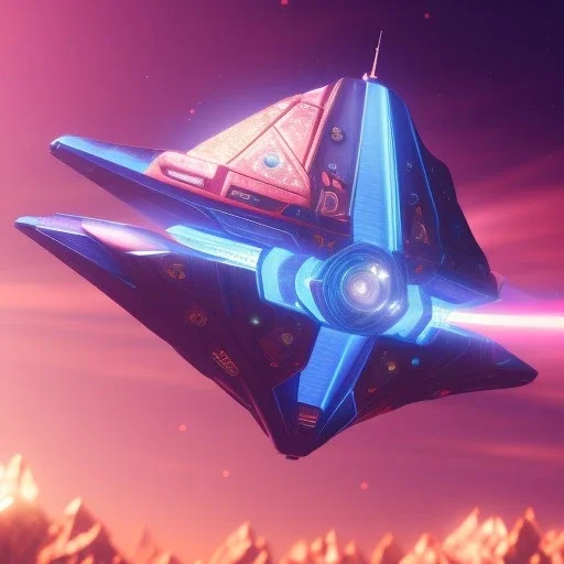 a crystalised blue pink spaceship, gold, diamonds, sunny background, atmospheric, realistic, unreal engine, 8k. Cinematic lighting, octane render.