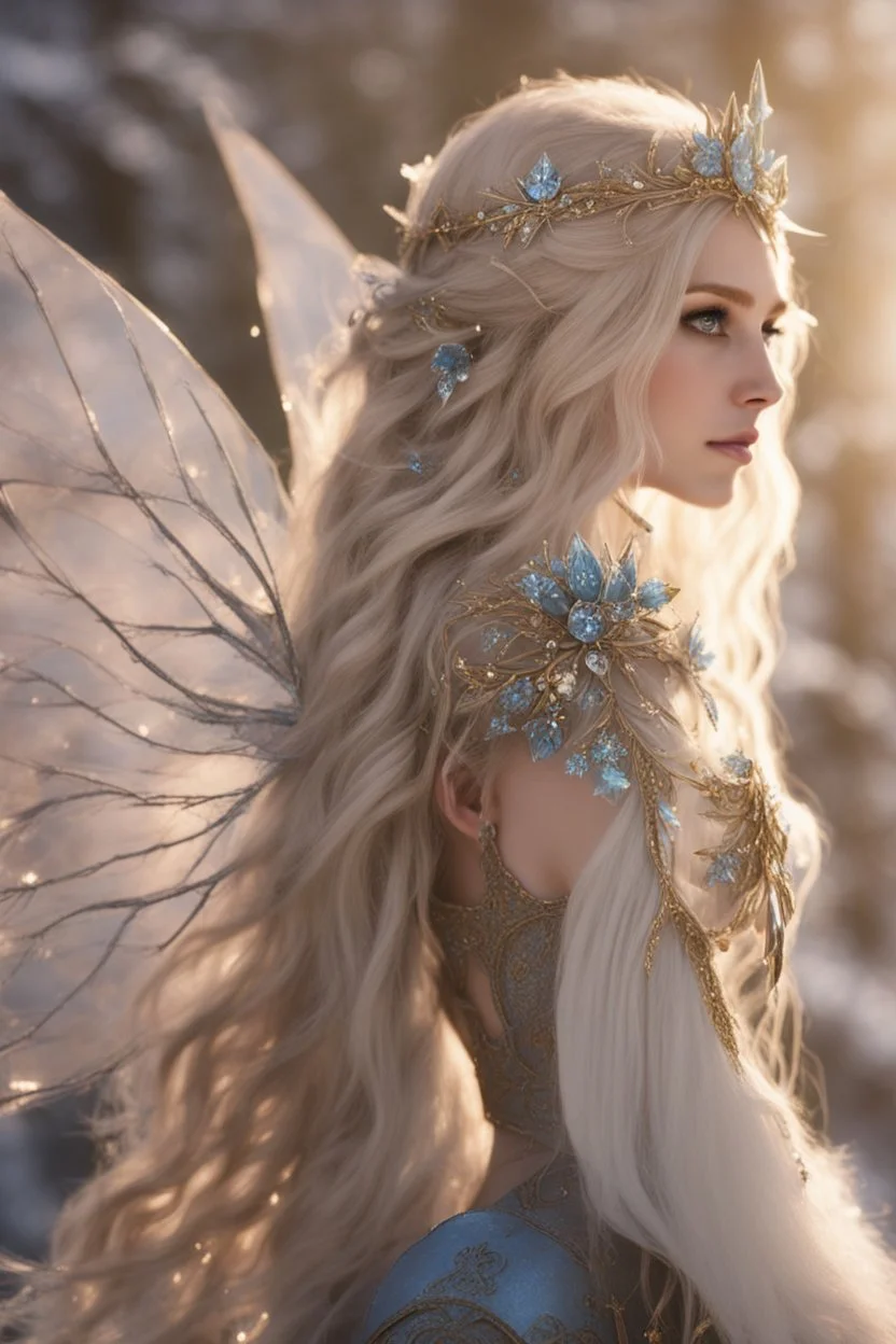 Elven princess,elven crown,long white blonde golden hair,rapunzel hair,ice flowers,beautiful,light blue,dark blue,golden armor,sparkle,glitter,ice flowers,snow,elven ears,dark fairy princess