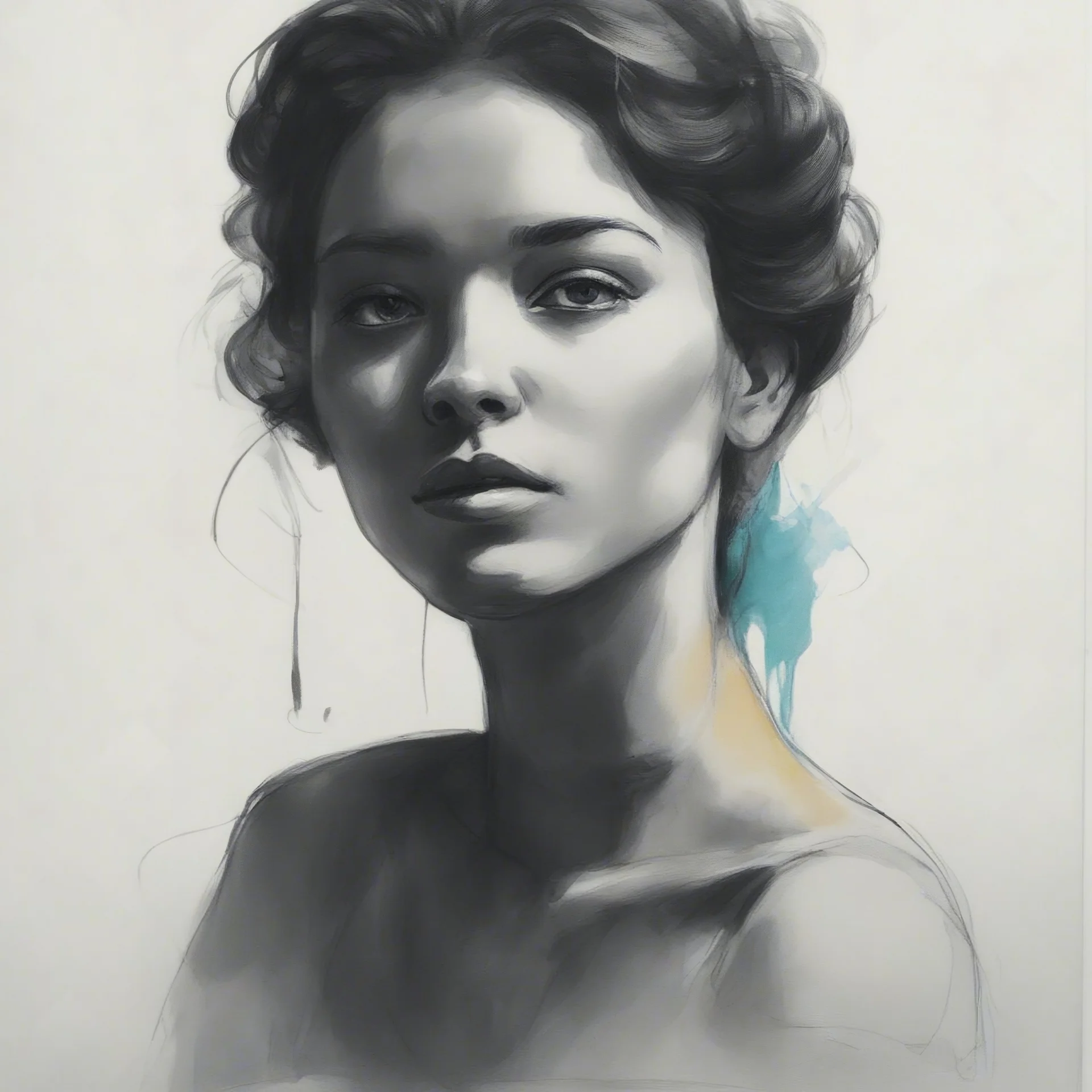 Blue ink sketch of a woman, orange, pink, turquoise, yellow colors