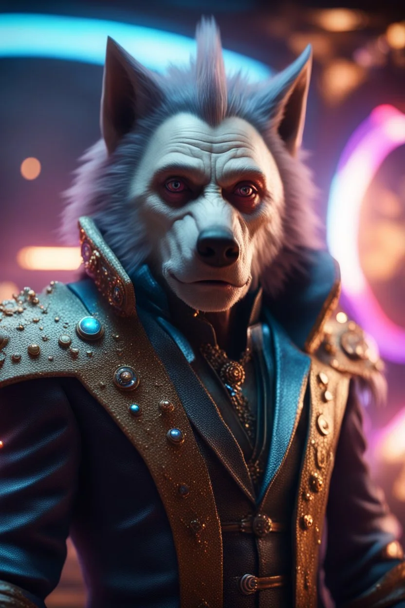 really macho pimp Christopher Walken orc wolf captain chat hog that go hard , in front of space portal dimensional glittering device, bokeh like f/0.8, tilt-shift lens 8k, high detail, smooth render, down-light, unreal engine, prize winning