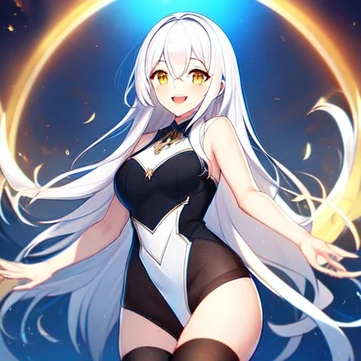 girl, masterpiece, best quality, volumetric lighting, detailed outfit, perfect eyes, white hair, golden eyes, long hair, black stockings, laughing,