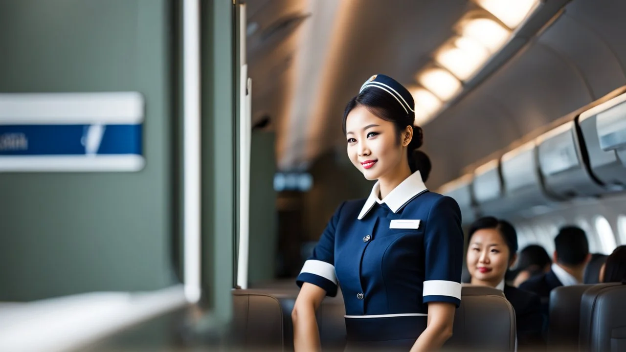 A very pretty Asian model in an air hostess uniform looking out of the window