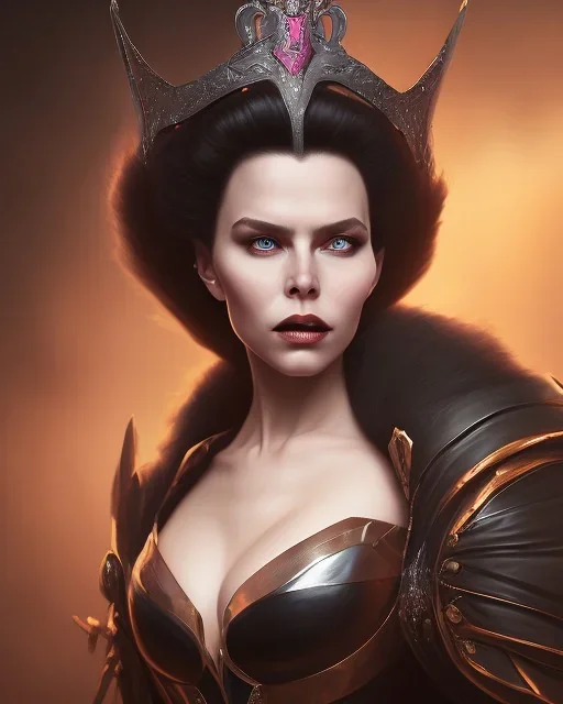 evil queen in black leather gown, busty, cleavage, angry, emperious, 8k resolution concept art portrait by Greg Rutkowski,