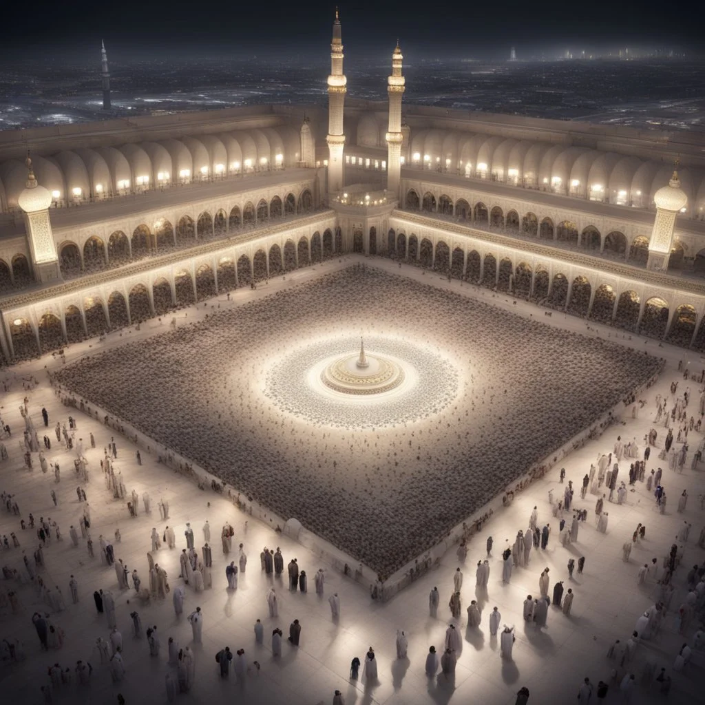 Hyper Realistic Aerial-View of lots of people praying outside-an-open-air-hall of Masjid-Nabawi in Madina with clean-marble-flooring & date-trees-outside at night showing dramatic & cinematic ambiance