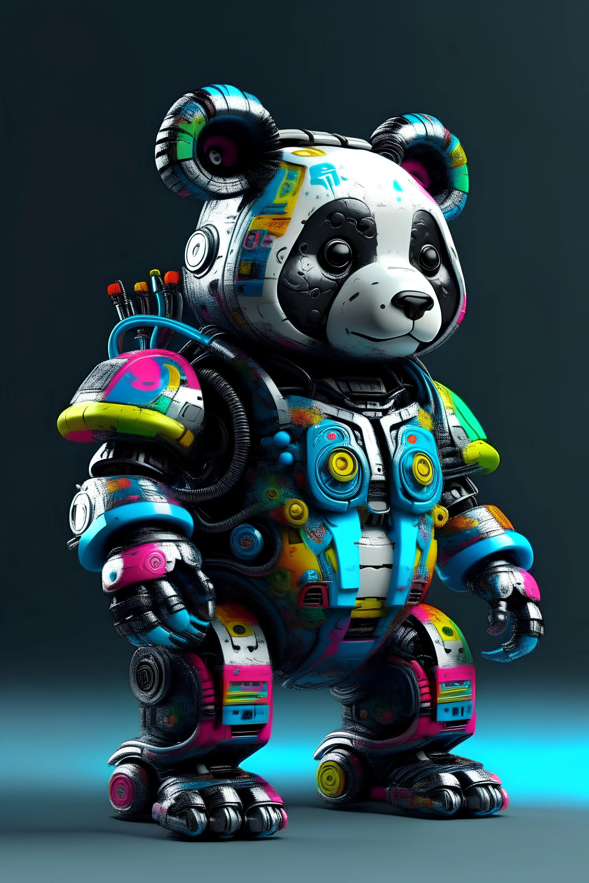 3d toys, ip,full body, cyberpunk style, Chinese Panda, simple background, best quality, c4d, blender, 3d model, toy, bright colors, street style, high resolution lots of details, art