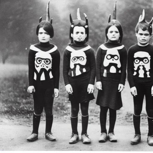 Creepy Old photo of children with horns and woollen masks