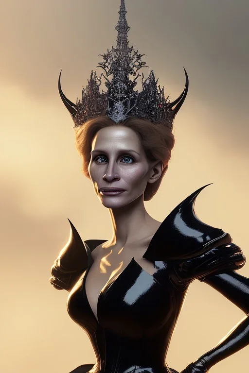 Julia Roberts as evil queen in black leather gown, evil, busty, cleavage, curvy, angry, stern look. character design by cory loftis, fenghua zhong, ryohei hase, ismail inceoglu and ruan jia. unreal engine 5, artistic lighting, highly detailed, photorealistic, fantasy