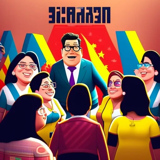 Create a Pixar-style 3D movie poster with Gustavo Petro, president of Colombia happy and surrounded by women, men and Colombian flags, with the title: "The President", ultra quality, hyper-detailed, maximalist, 8k