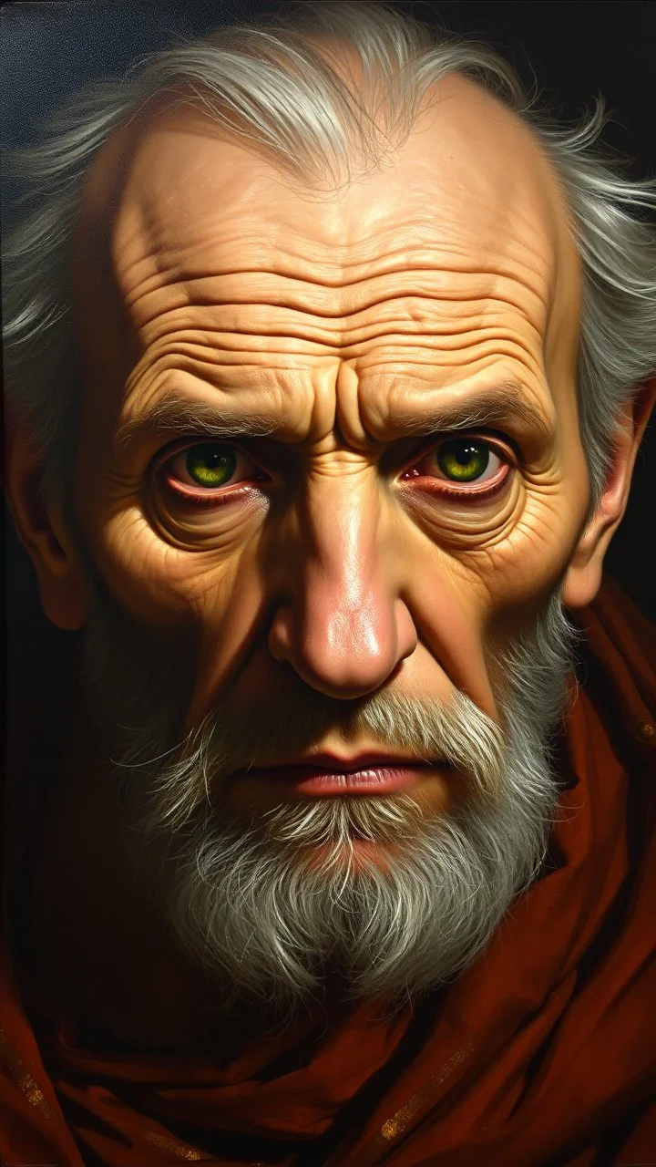 Realistic oil painting of an old man with piercing green eyes, by John William Waterhouse, (long shot), dramatic lighting, classical mythology theme.