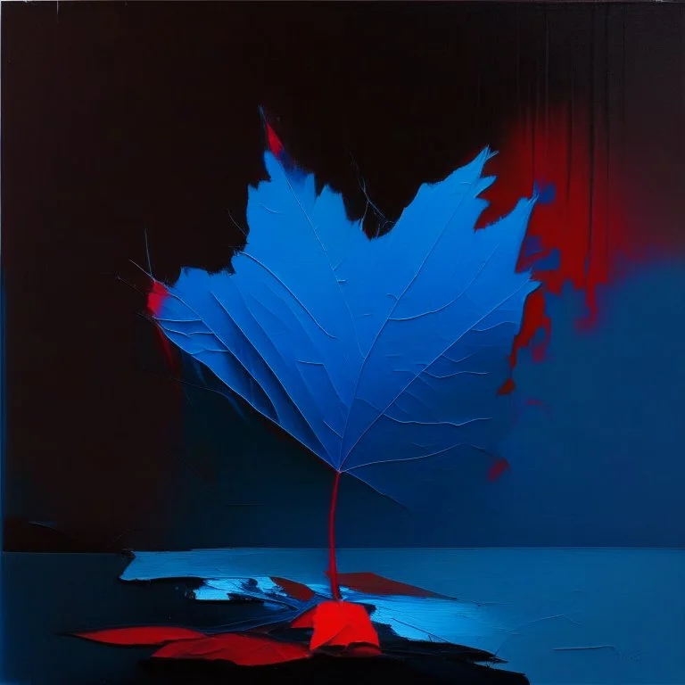 Minimal abstract flat oil painting of a neon large red leaf in landscape. illuminated at night. With triadic blue colours. In the style of Justin Mortimer and Phil Hale, Ashley Wood