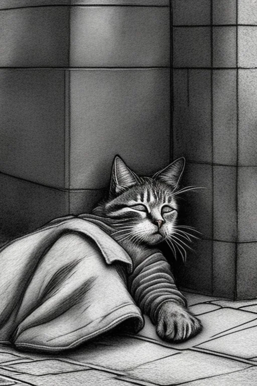 One single mature homeless cat with worn out clothes, sleeping in a corner on the street, Vienna, mourning, model style, hyper realistic, extremely accurate, delicate, extremely detailed, Graphic novel style, wide-angle, open aperture, superfine pencil