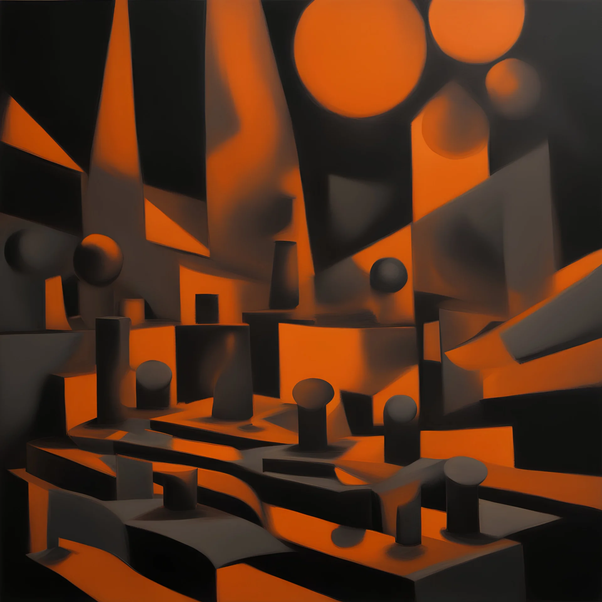 oil painting of dark orange shapes and stage lights, black