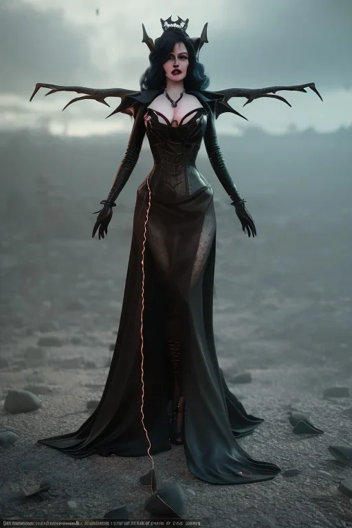 Morrigan Hel as evil queen in black leather gown, cleavage, angry, unreal 5, octane render,cinema4d, dynamic lighting, dramatic lighting, 4k, redshift render, highly detailed, hyper realistic