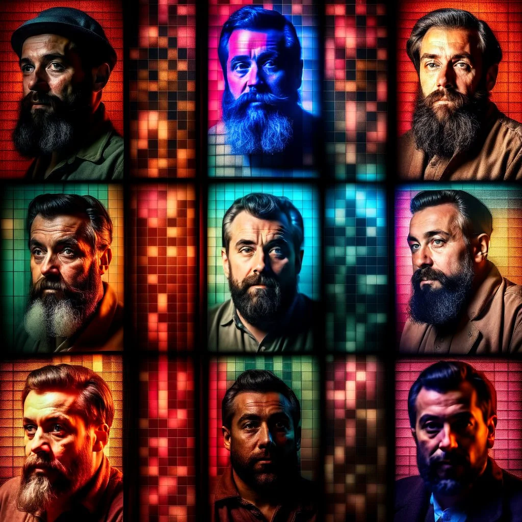 vintage photos glued into a comic book arranged in panels of the same man, in each panel is a (photorealistic) timeline of the man's beard growing longer as he gets sadder, more depressed , fatter, overweight man, exquisite execution, perfect compostition, hard lighting, extreme shadows