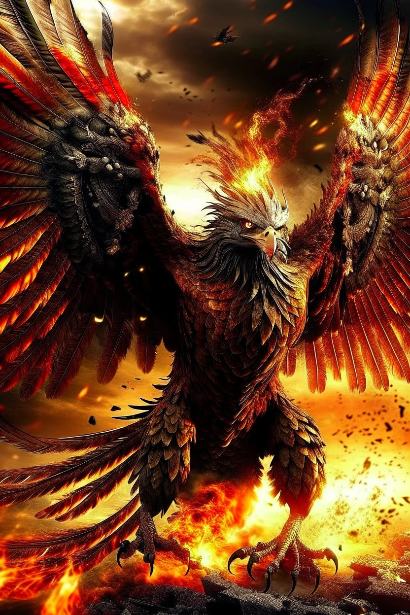 Create a ultra high definition and photorealistic image, 12k quality of a beautiful phoenix, majestic and strength showing, emphasis on texturized claws, upclose with a front view flying towards the camera, centre of an explosive and chaotic background scene of Armageddon where he is followed by demon like dark clouds in persuit trying to grab him, phoenix has striking eyes and determined look, majestic wings folded inwards in flight, bright auburn, black, white, grey and yellow colours, gothic