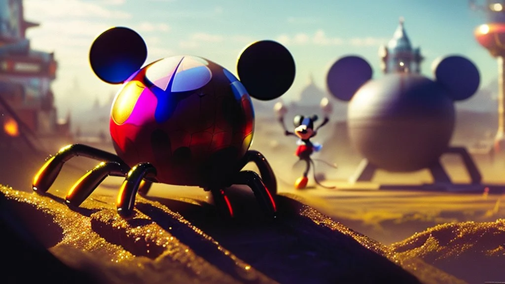 a spider mickey mouse hybrid, photorealism, movie screen capture, horror, sci-fi, retrofuturism,