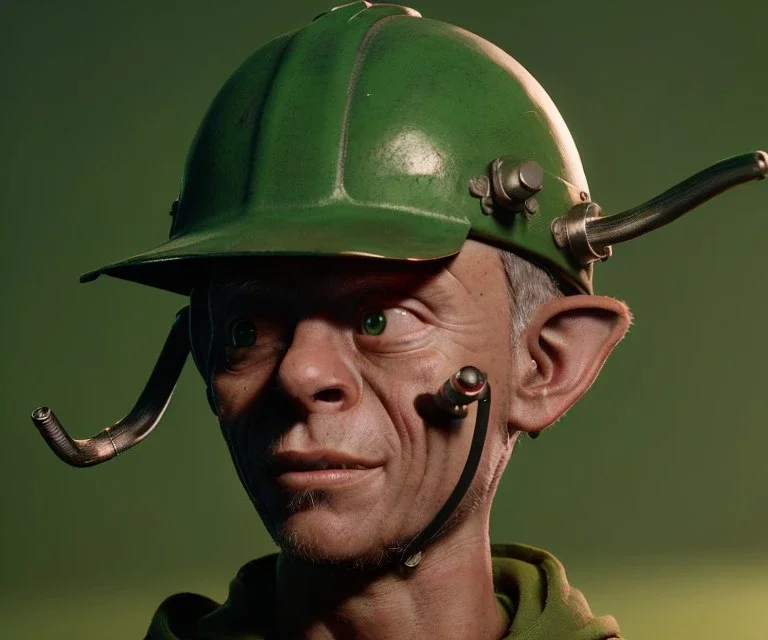 equipment hat, goblin welder, head clamp, clamp screw, stuck on head, illustration, green skin, rocky backdrop