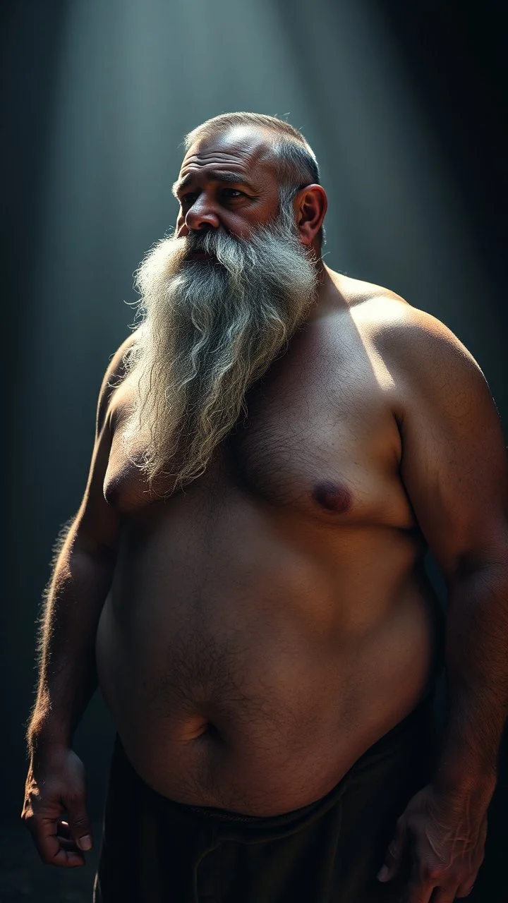 Full human figure shot photo captures a chubby 34-year-old turkish farmer, burly frame with a prominent broken nose, an extensive silver beard cascading down, emanating strength through a muscular, beefy physique, shirtless to reveal a robust chest and wide shoulders, side-lit in a shadowy space, perspective from the ground, photorealistic, ultra clear, dramatic lighting, cinematic.