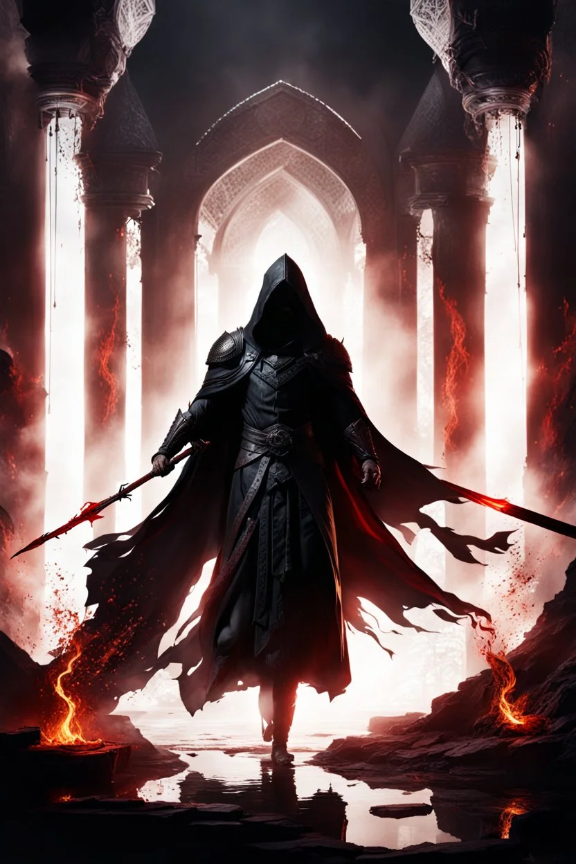 the blood dripping sorcerer known as The Shadow of Death carrying the staff of destruction. black fire. fantasy art, Cinematic lighting, Volumetric lighting, Epic composition,