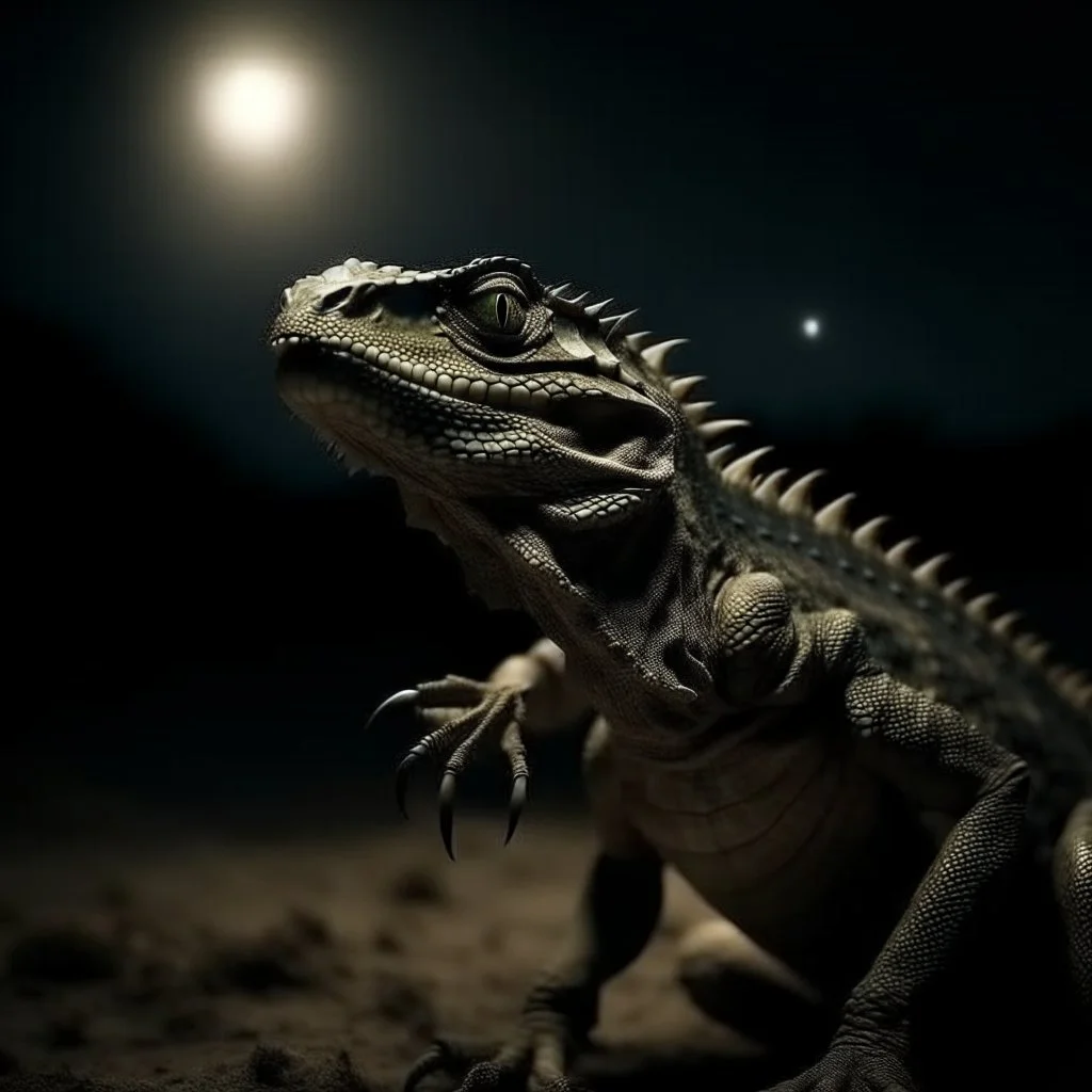 high grain photography from inside a dark magical lizard with civilizations surrounding on the teeth, laborious farmers and family workers walking on the tongue, moon light, mystical vibes, 4k