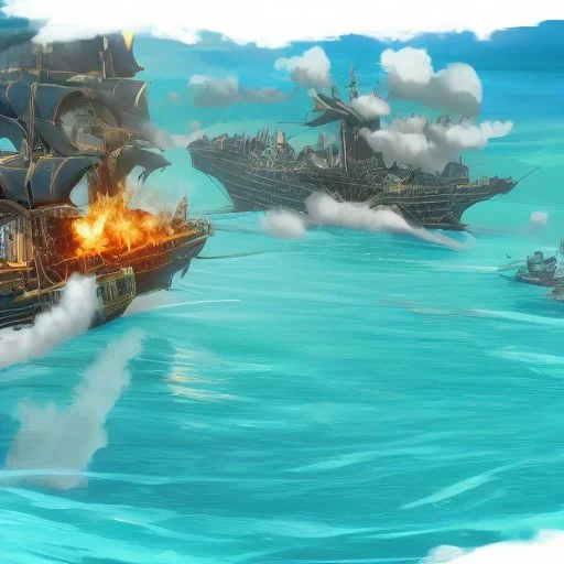 two pirate ships fighting each other at sea. They fire cannons at each other and one ship is hit and burns.