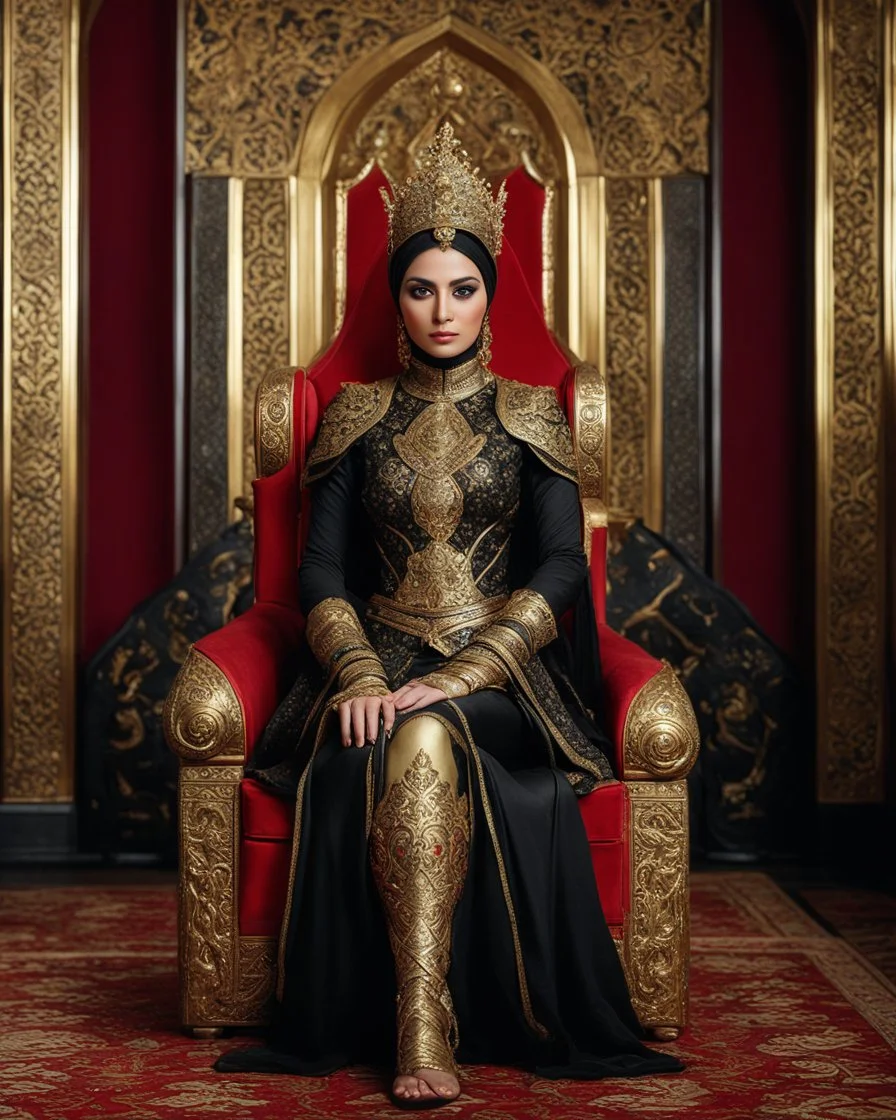 A length image of photography full body photo of a beautiful-faced Persian islamic hijab Queen sitting on a luxurious chair in a palace, wearing luxurious battle armor with a design of gold and black metal plate and metal crafts with radiant diamond luster, decorated with flower-shaped red diamond stone, black leaf decorations,and small dragon decorations, against a gold background, holding a gold carved sword, accompanied by two white tigers angry face sitting beside him, with added details.