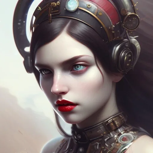 girl, cute, beautiful, face, heterochromia, red lips, black hair, steam punk, close up portrait by Greg Rutkowski