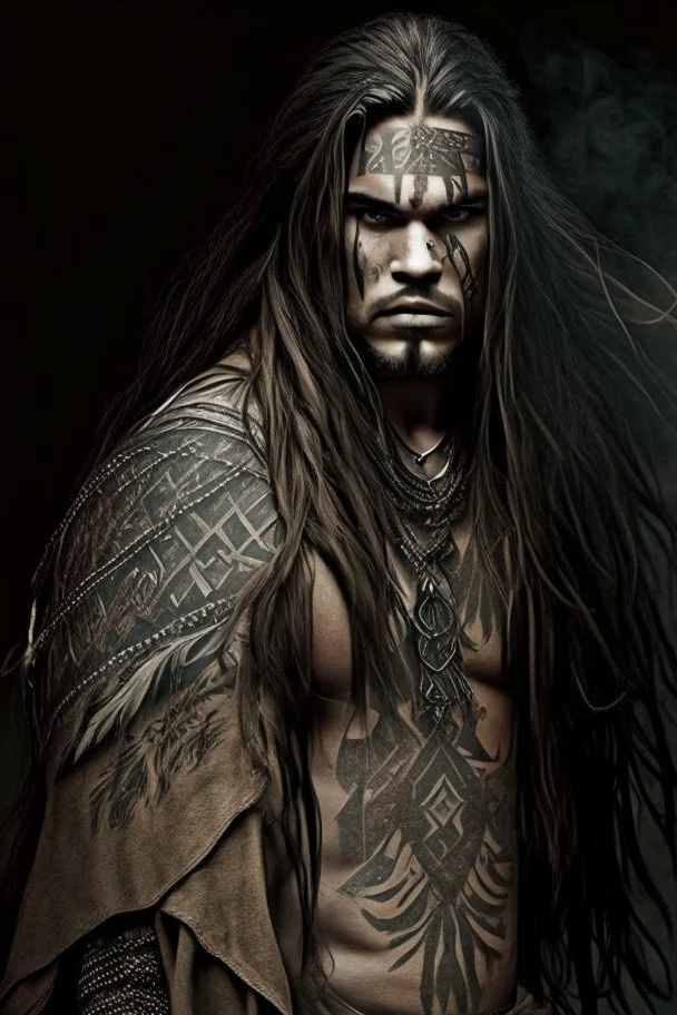 long haired warrior with tribal tattoos and cloak