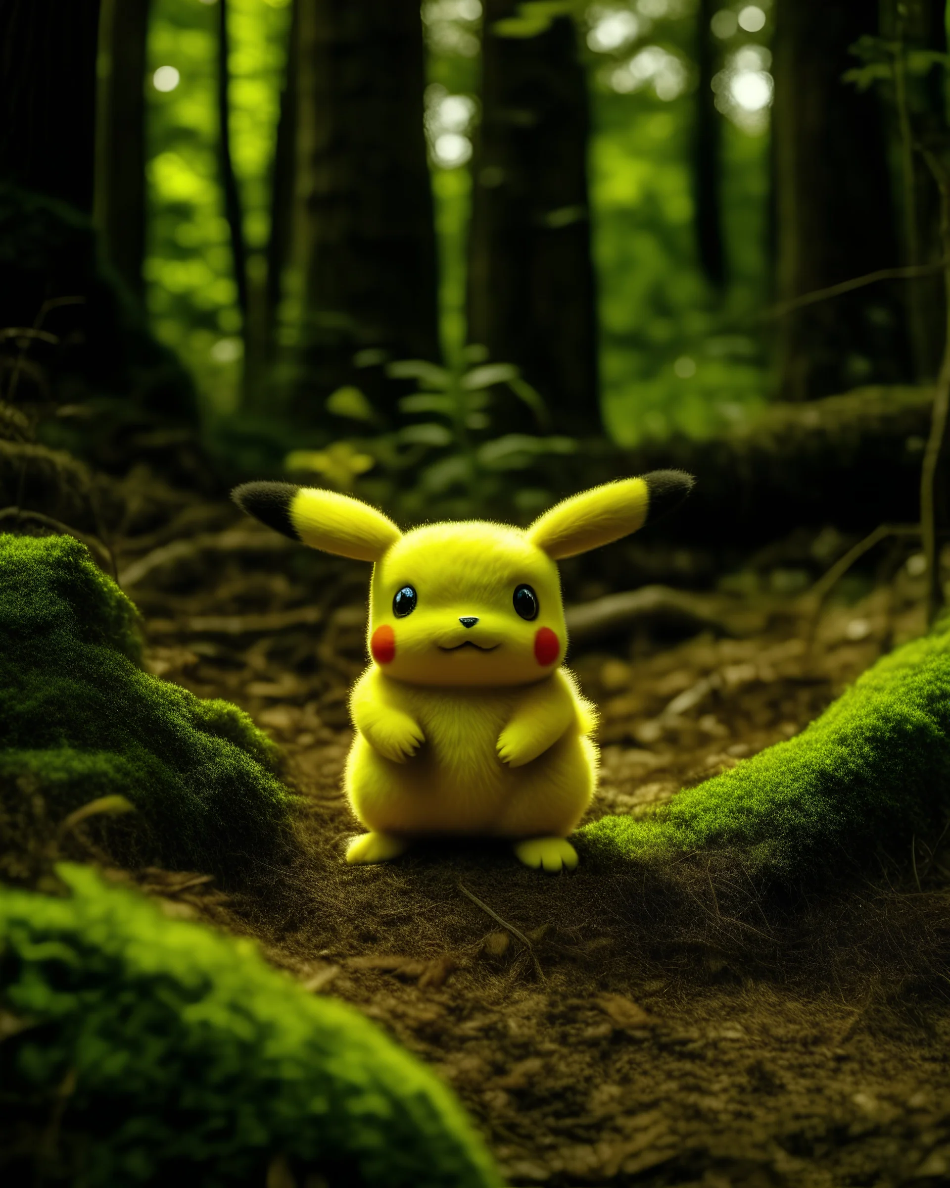 hyper realistic pikachu baby left in the woods,weird,otherworldly, real, vintage photograph,film set, 85mm lens, f/2.8 aperture