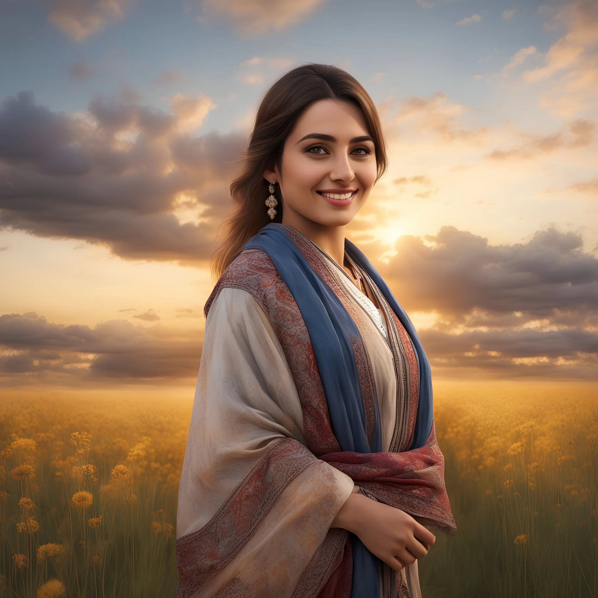 Hyper Realistic middle-angle-view of a happy young-Pashto-woman standing with cloudy sunset & field