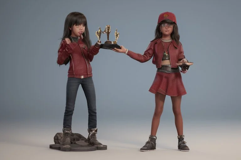 Girl 3d character with creative trophy with his hand like winner stand on stage.