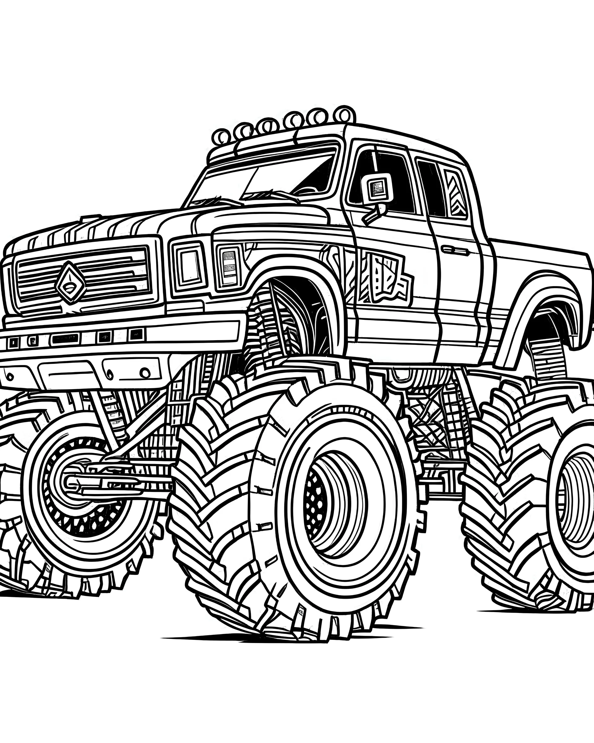 A monster truck coloring page showcasing different types of monster trucks, each with a unique design and personality.