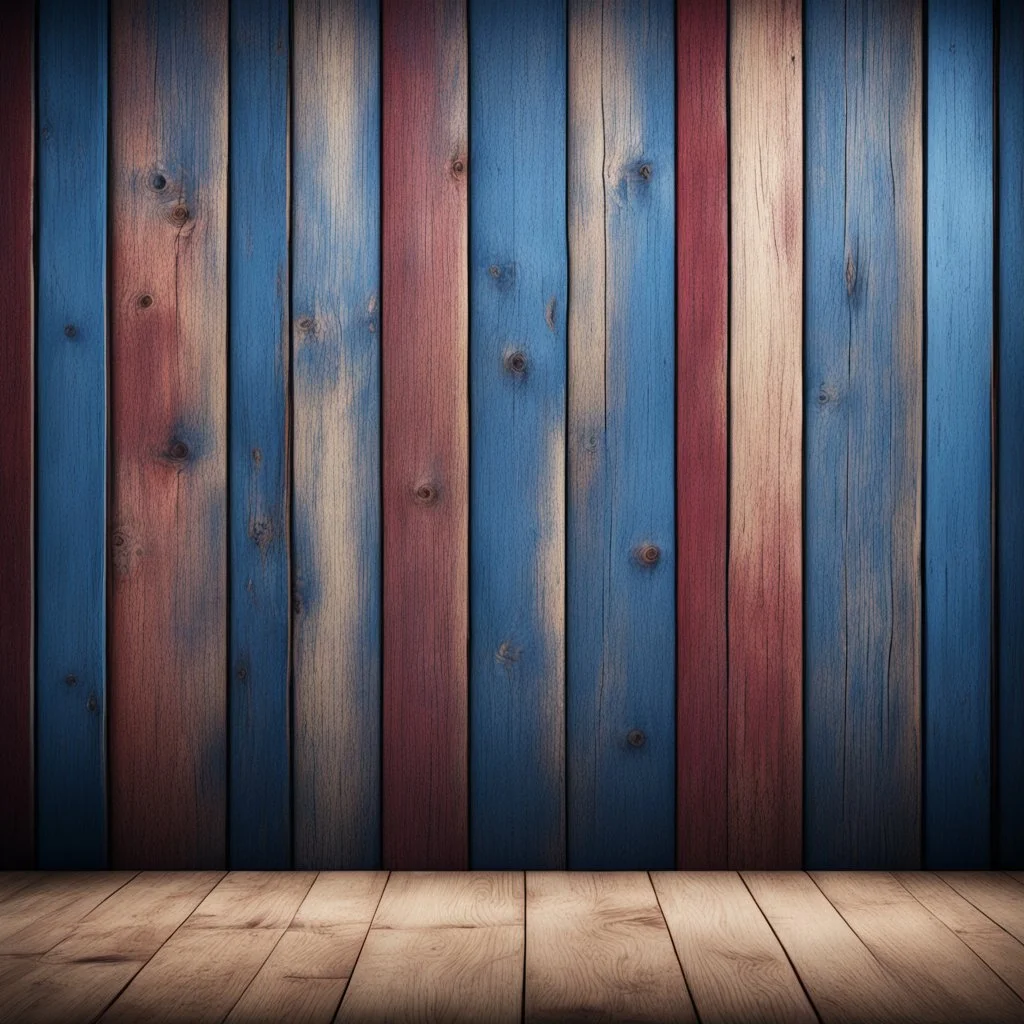 Hyper Realistic navy-blue & maroon multicolor grungy rustic wooden plank wall texture in an empty room with window vignette effect