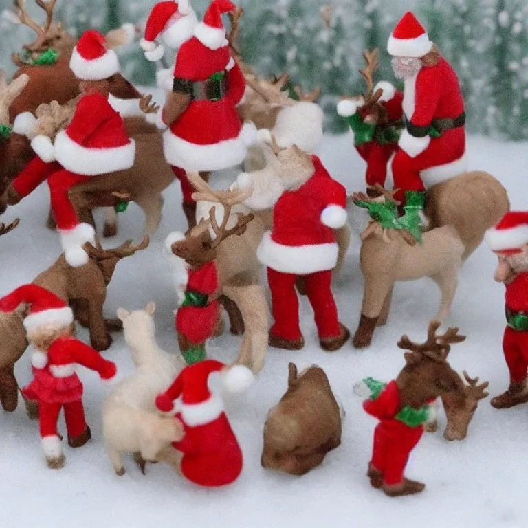 miniature christmas scene santa reindeer snow