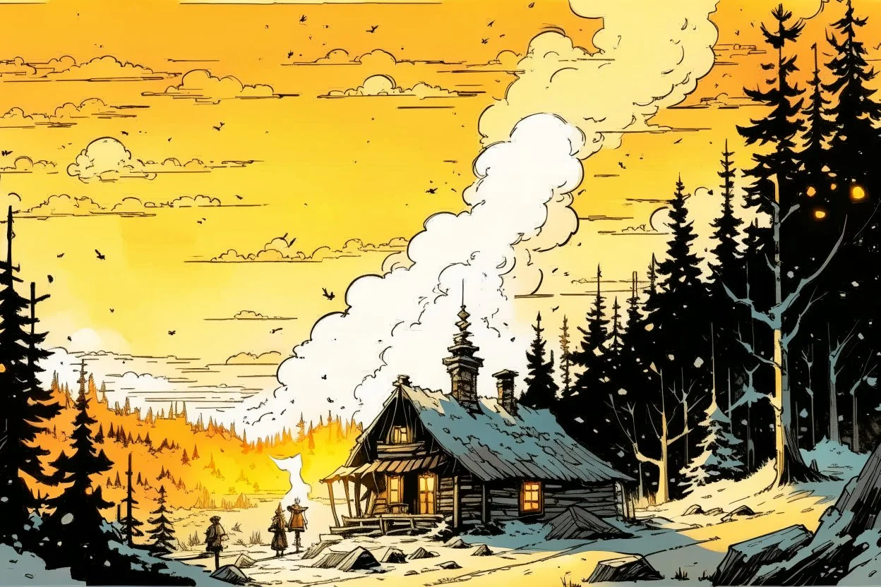 create an ink wash and watercolor illustration of a rustic snowbound cabin at sunrise surrounded by deep drifts and overshadowed by looming trees, smoke curls from the chimney, the windows exude a glow of light in the mountains of the Pacific Northwest in the comic book art style of Mike Mignola, Bill Sienkiewicz and Jean Giraud Moebius, highly detailed, grainy, gritty textures, dramatic natural lighting