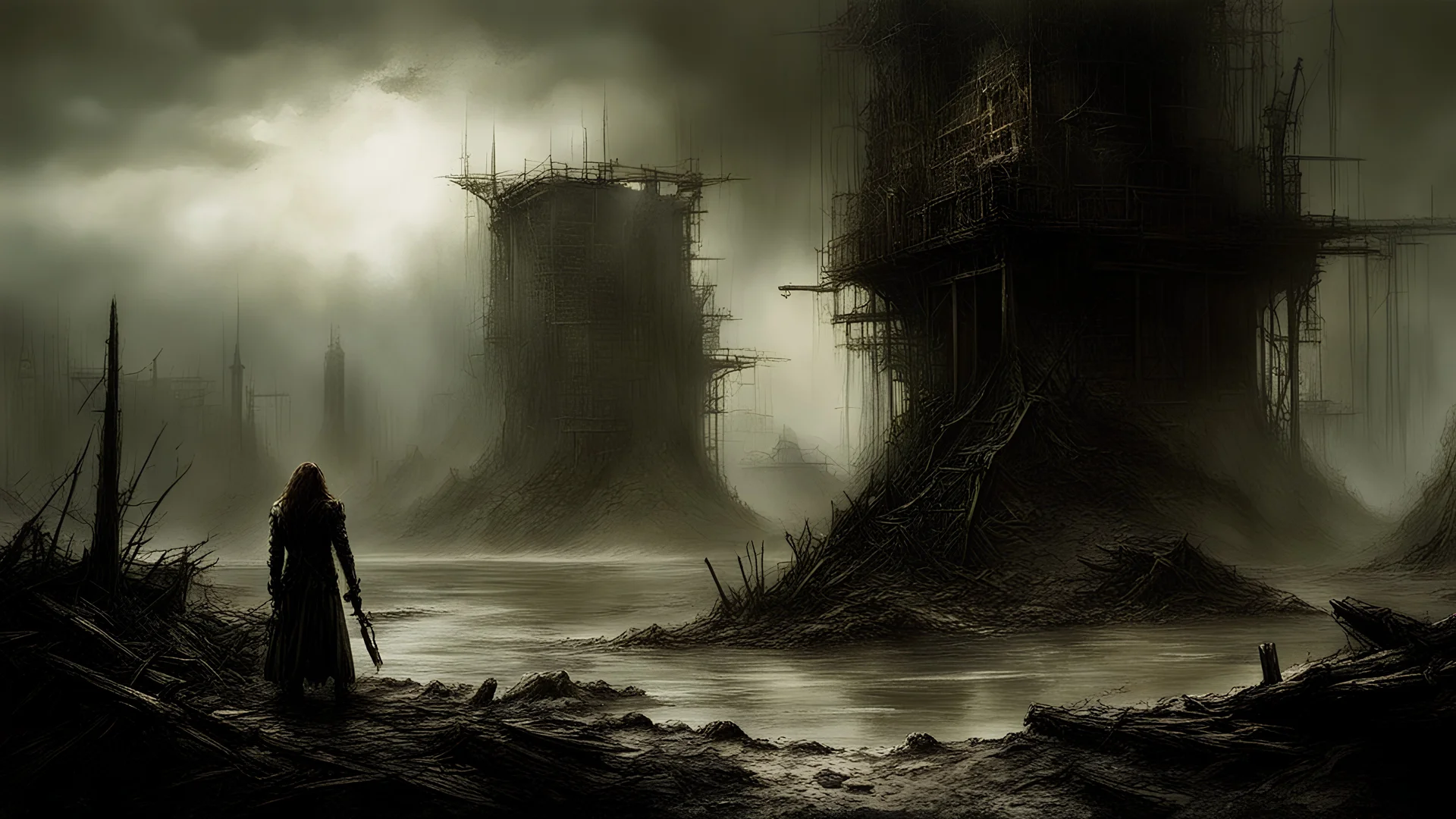 The destroyed dam, the post-apocalypse, dark style, Luis Royo & Raymond Swanland