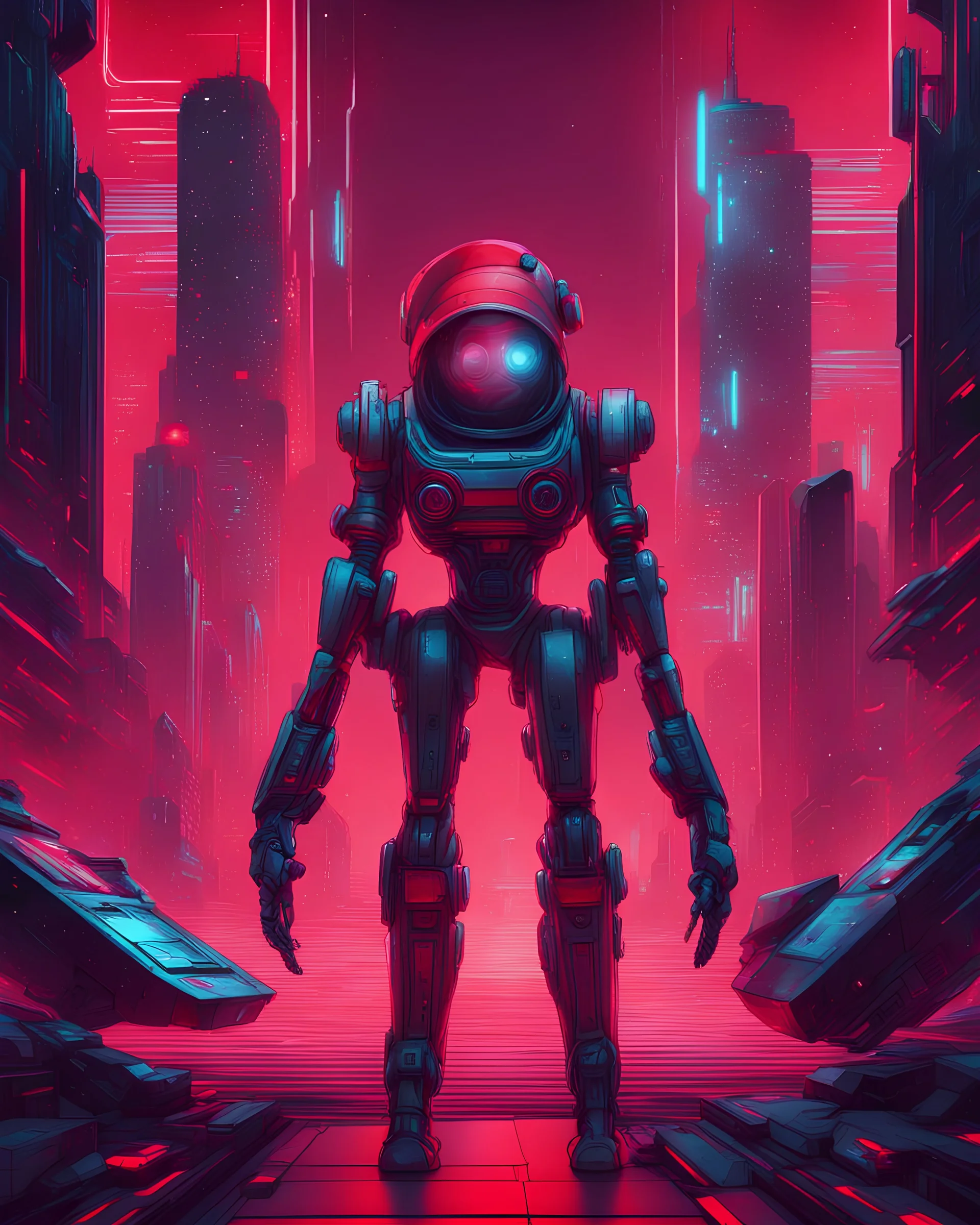 Futuristic Robotic Visions Cyberpunk Characters Space Warriors and Synth wave Aesthetics background red