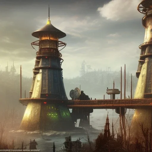 fallout 4, yurt city, dam bridge city, spray paint, mongols, chalk,chimney, antennas, sattelite dish,warhammer, fantasy game art