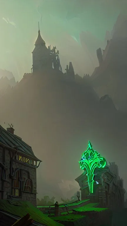 A green dragon over a medieval village