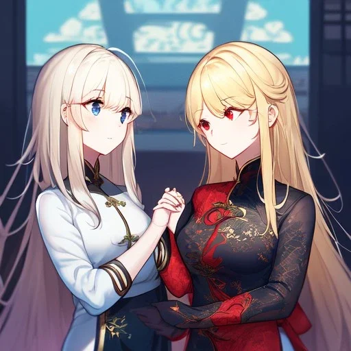 Clear focus,High resolution, 2girls, black long hair, Vibrant red eyes, Emo style, Wearing a Chinese Traditional dress, The other girl has blonde hair, and blue eyes, kawaii style, wearing a Chinese Traditional dress, Holding hands